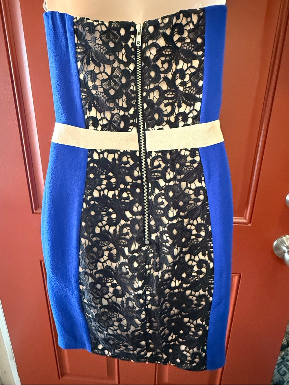 Endless Rose Lace Overlay Colorblock Two Tone Strapless Dress- S, Blue Black